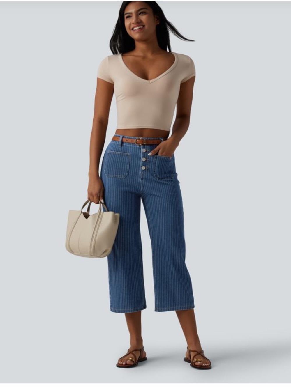 Halara Cropped High-Rise Wide-Leg Crop Jeans with White Pinstripe Women’s M NWT